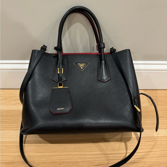 PRADA Saffiano Cuir Small Leather Prada Bag, Black/Red, used condition - Picture 1 of 16